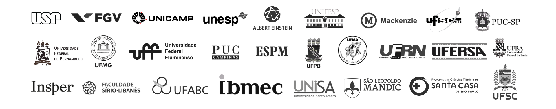 Logos das universidades brasileiras: USP, FGV, UNICAMP, UNESP, Albert Einstein, UNIFESP, Mackenzie, UFSCar, PUC-SP, UFPE, UFMG, UFF, PUC Campinas, ESPM, UFPB, UFMA, UFRN, UFERSA, UFBA e outras